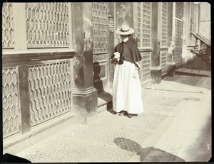 Una donna che cammina su un marciapiede, New York, 1896-98